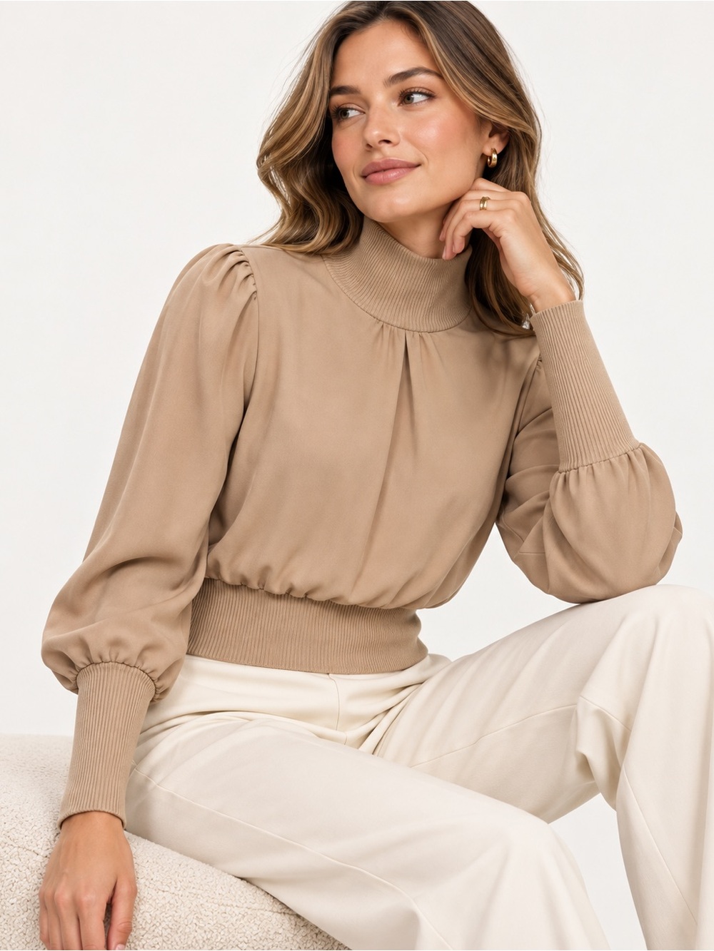 French Connection Puff Sleeve Mock Neck Ribbed Top